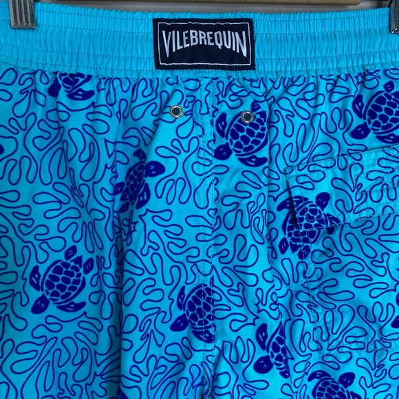 NEW Vilebrequin Okoa Long Swim Shorts Trunks Flocked Splash Turtle Lazuli Blue - Picture 4 of 13